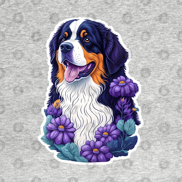 Bernese montain dog in a colorful field of flowers by milica_store